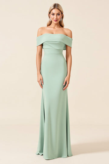 Mint Sheath Off the Shoulder Long Bridesmaid Dress